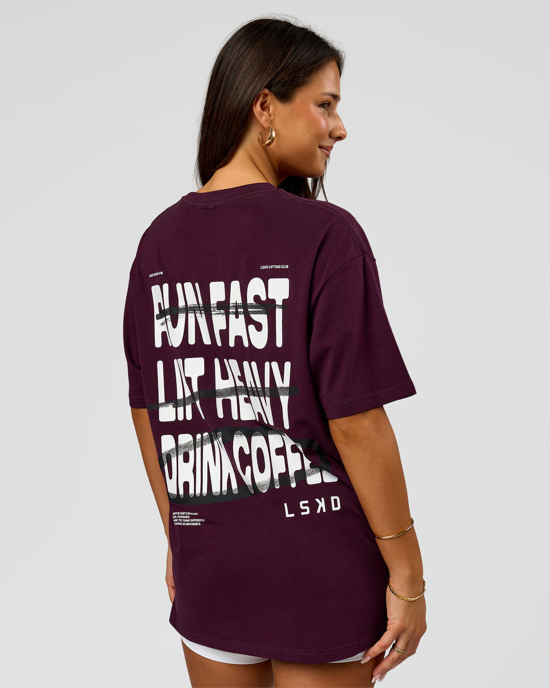 Woman wearing Coffee Run FLXCotton Oversized Tee - Cherry Lacquer-Black | Model:Bianca | Size:XS - view 12