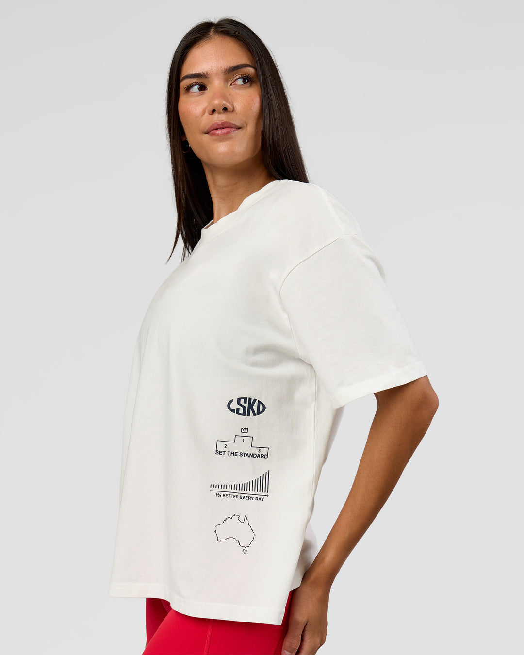 Woman wearing Greatest of All Time Heavyweight FLXCotton Boxed Tee - Off White Washed | Model:Rhiley| Size:XS - view 12
