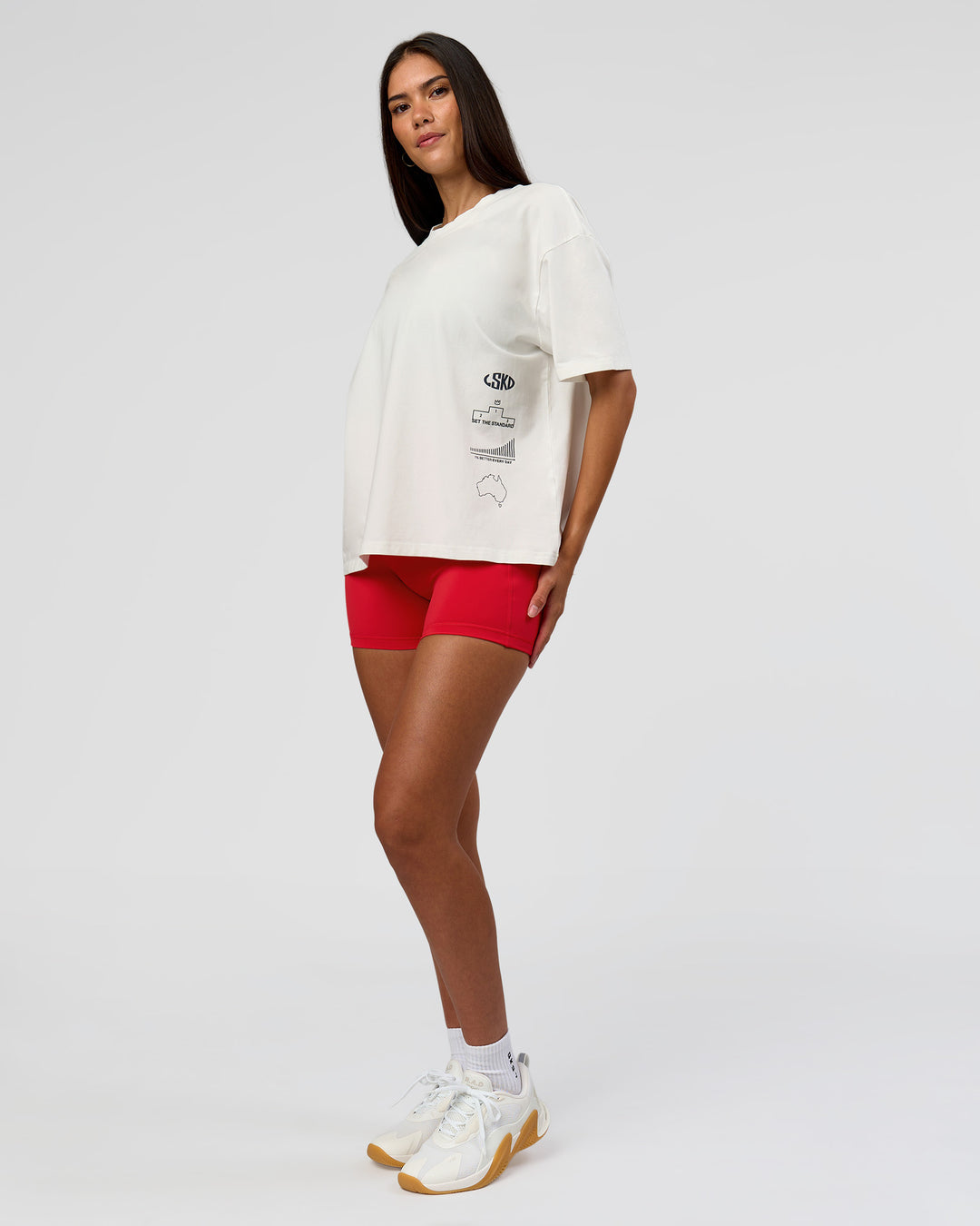 Woman wearing Greatest of All Time Heavyweight FLXCotton Boxed Tee - Off White Washed | Model:Rhiley | Size:XS - view 16