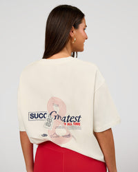 Woman wearing Greatest of All Time Heavyweight FLXCotton Oversized Tee - Off White Washed-Scarlet | Model:Bianca | Size:XS | Thumbnail Index: 6