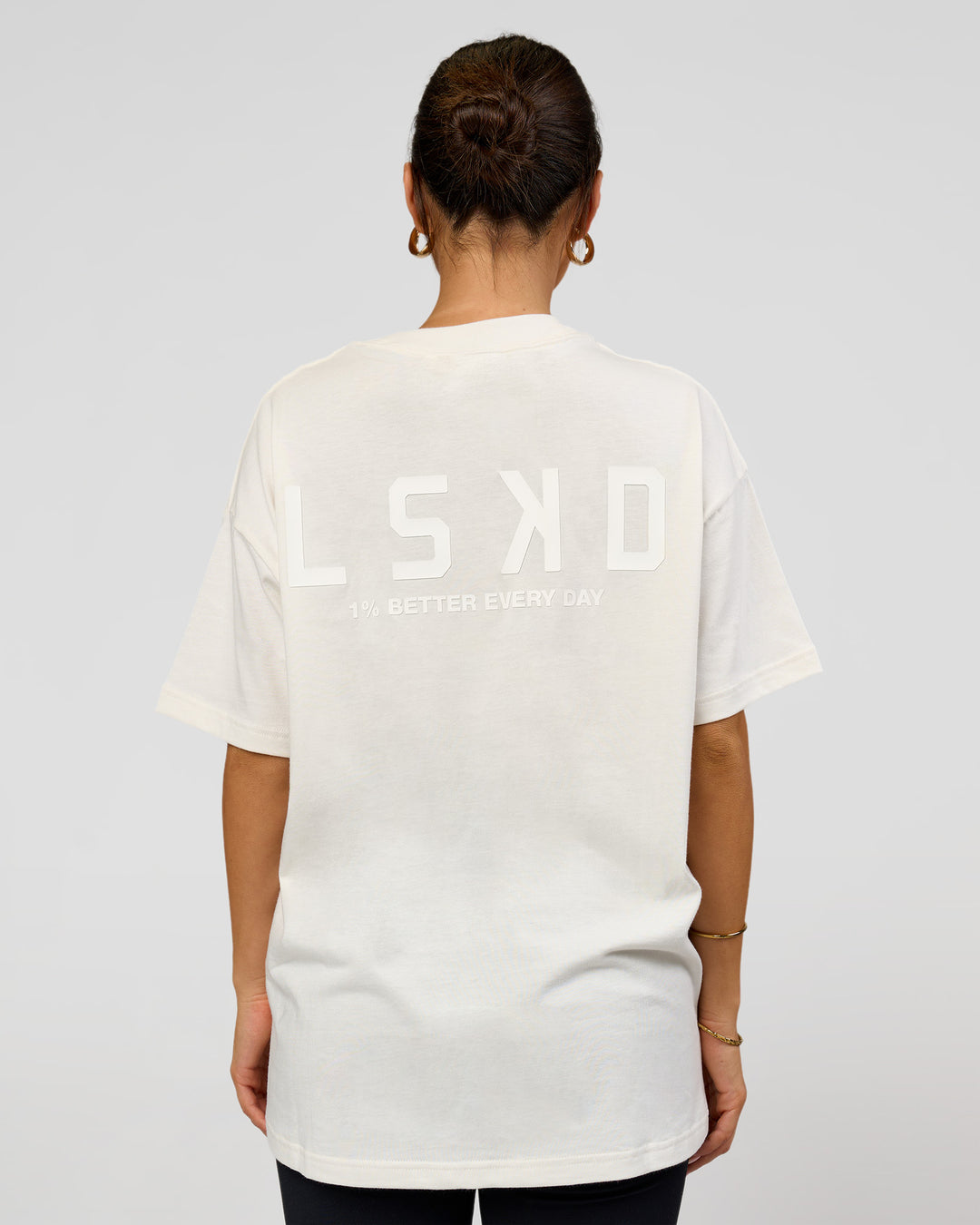 Woman wearing Tonal Legacy Heavyweight Oversized Tee - Off White-Off White | Model:Bianca | Size:XS - view 3