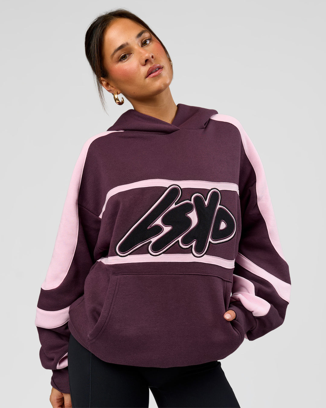 Woman wearing Vibe Oversized Hoodie - Midnight Plum-Marshmallow | Model:Bianca | Size:XS - view 3