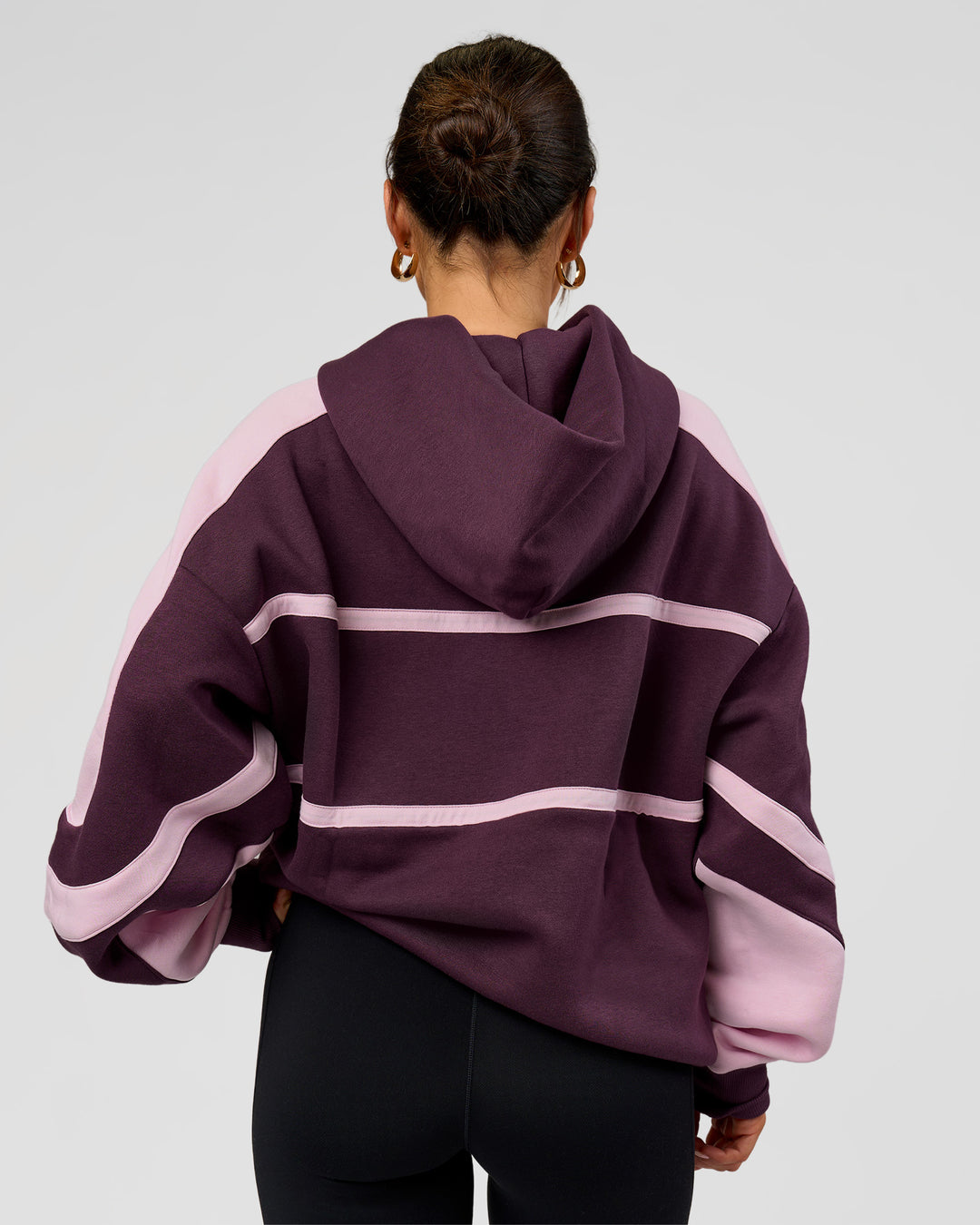 Woman wearing Vibe Oversized Hoodie - Midnight Plum-Marshmallow | Model:Bianca | Size:XS - view 5