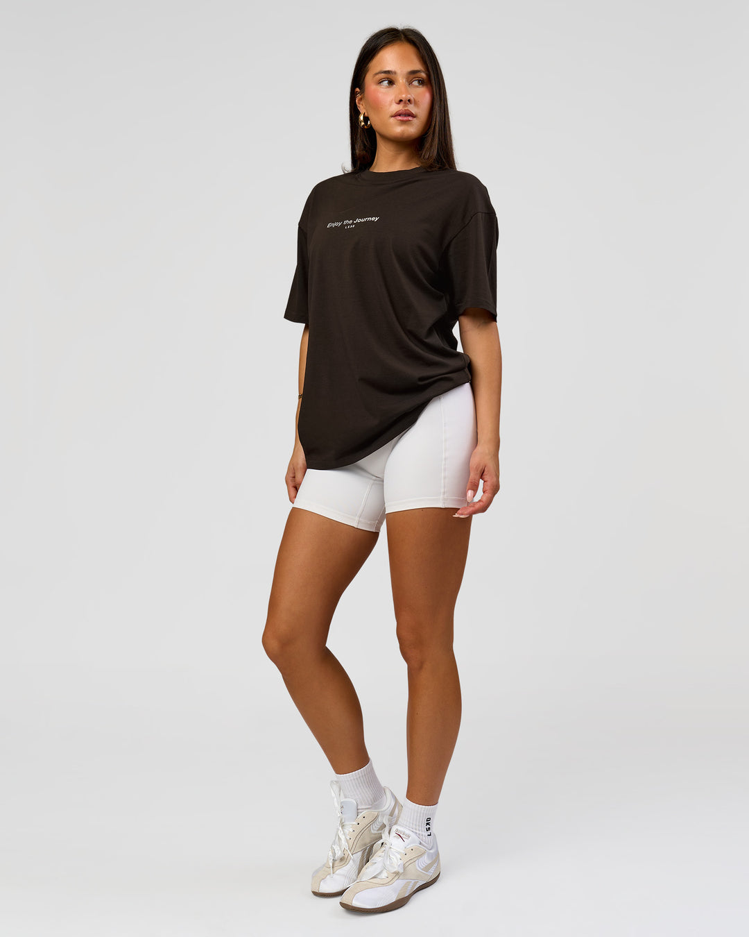 Woman wearing VS1 Enjoy The Journey FLXCotton Oversize Tee - Ground Coffee | Model:Bianca | Size:XS - view 4