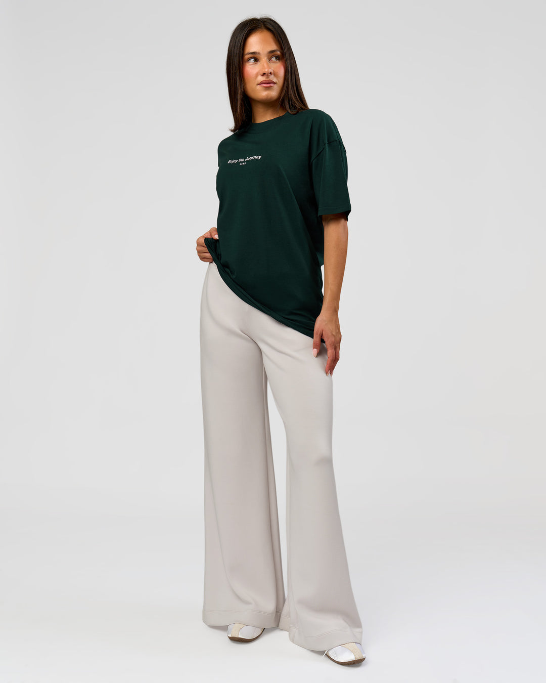 Woman wearing VS1 Enjoy The Journey FLXCotton Oversize Tee - Midnight Green | Model:Bianca | Size:XS - view 10
