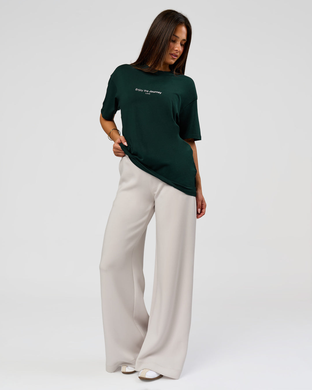 Woman wearing VS1 Enjoy The Journey FLXCotton Oversize Tee - Midnight Green | Model:Bianca | Size:XS - view 13
