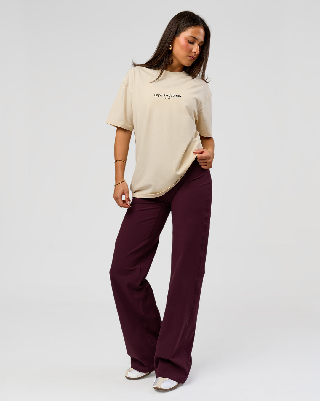 Woman wearing VS1 Enjoy The Journey FLXCotton Oversize Tee - Vanilla Bean | Model:Bianca | Size:XS - view 8