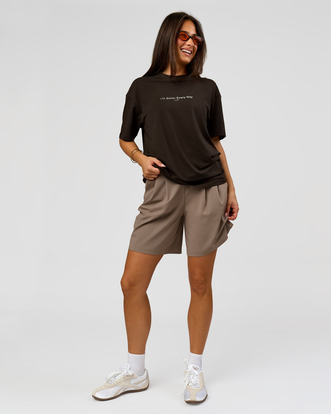 Woman wearing VS6 1% Better FLXCotton Oversize Tee - Ground Coffee | Model:Bianca | Size:XS - view 10