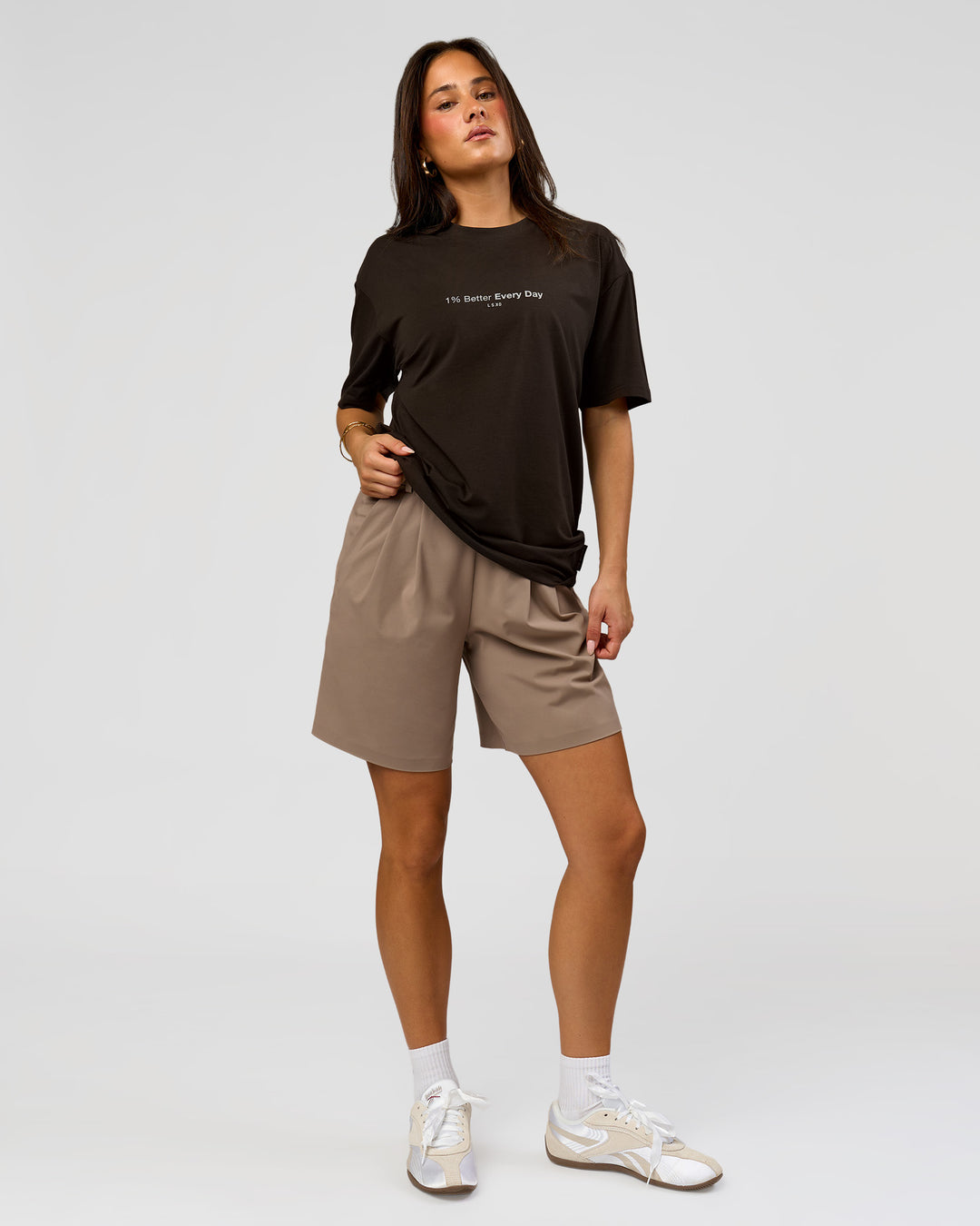Woman wearing VS6 1% Better FLXCotton Oversize Tee - Ground Coffee | Model:Bianca | Size:XS - view 12