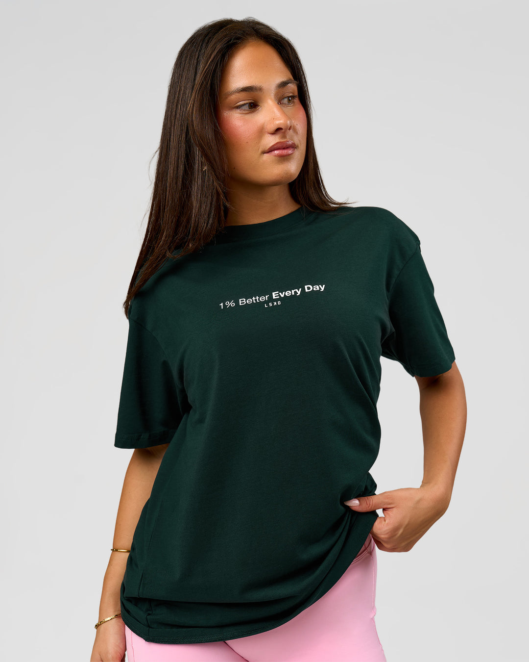 Woman wearing VS6 1% Better FLXCotton Oversize Tee - Midnight Green | Model:Bianca | Size:XS - view 3