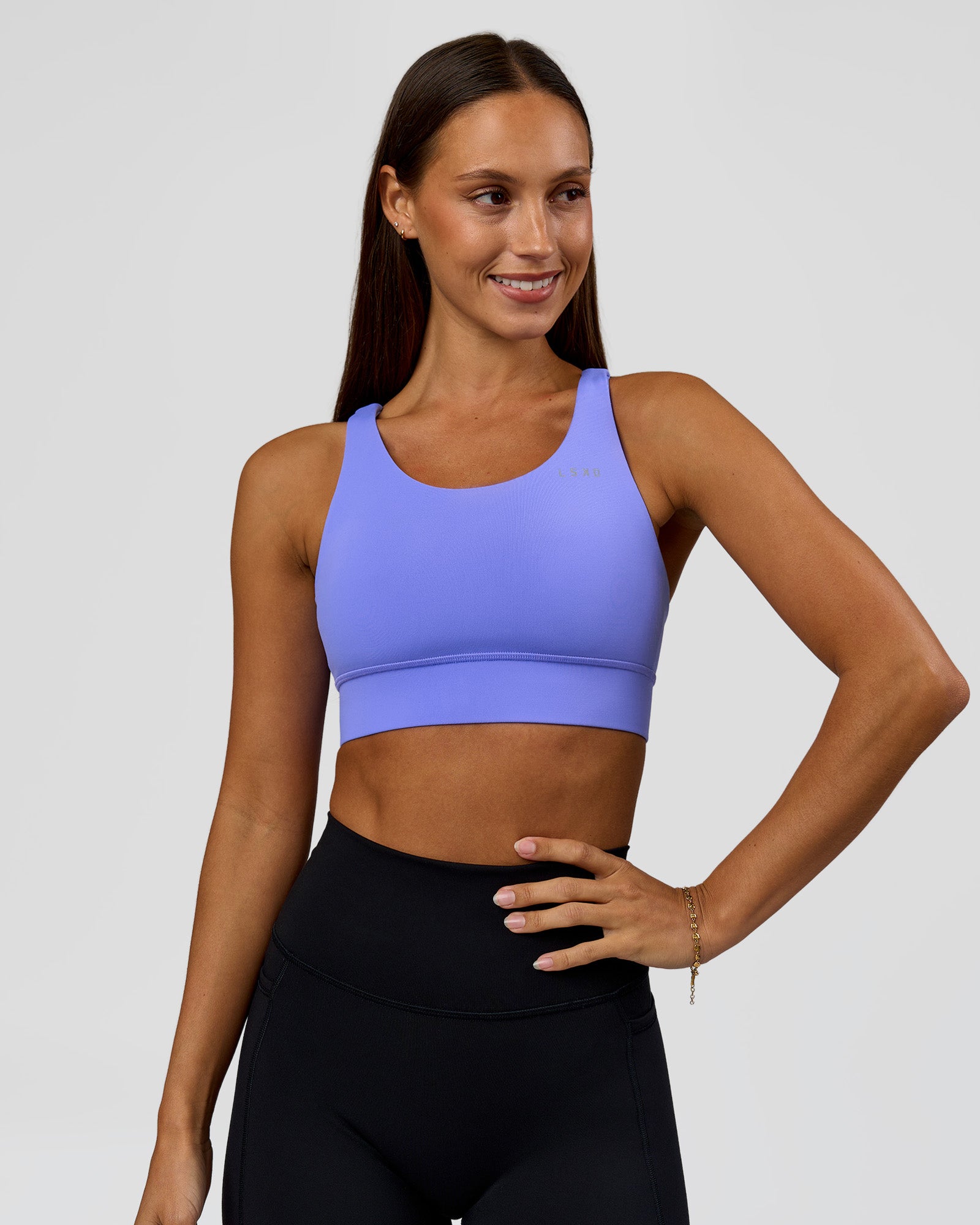 Woman wearing Accelerate Sports Bra - Bluebell | Model:Brylee | Size:XS