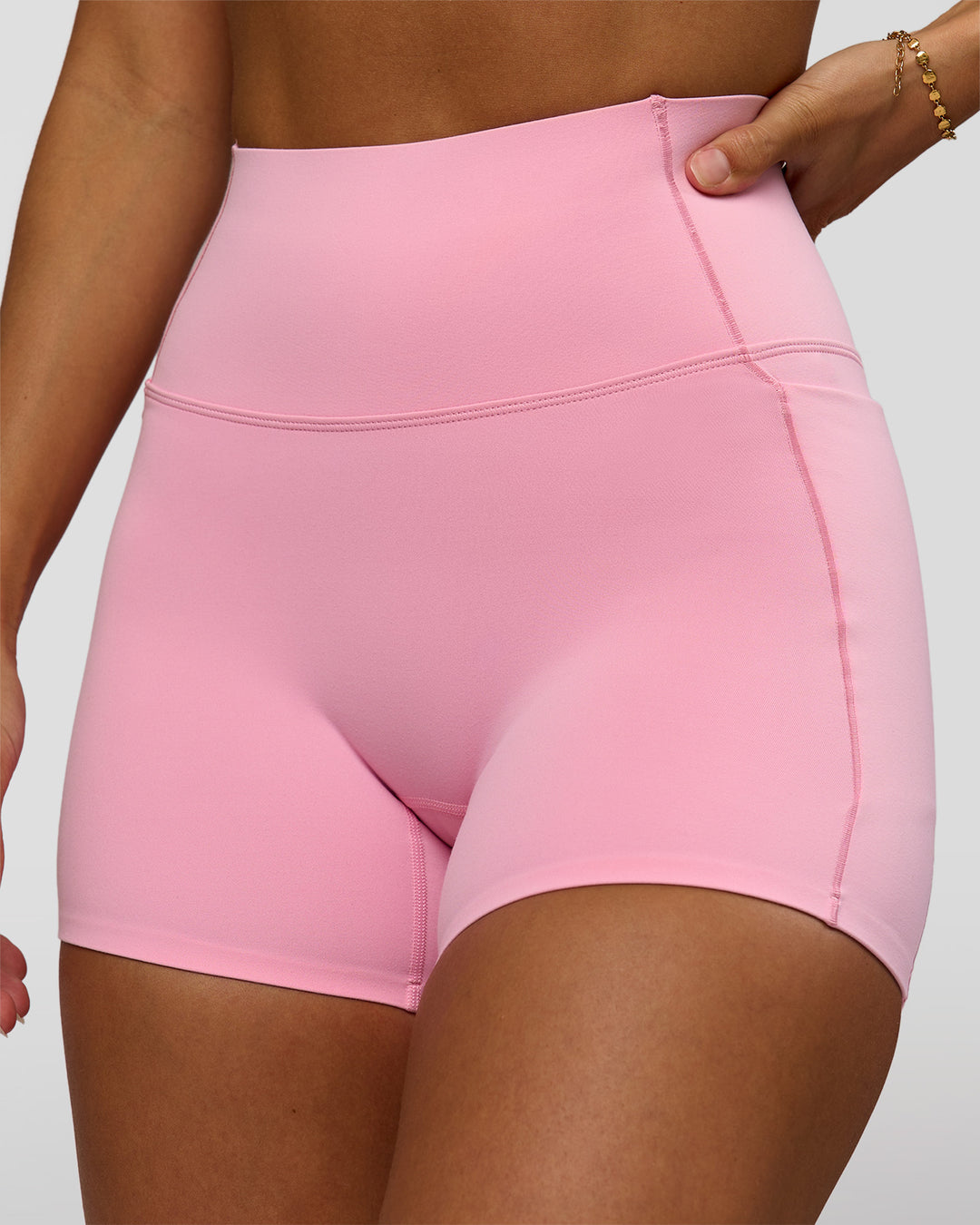 Woman wearing Fusion Bonded High-Rise 4" Short Pockets - Pink Rose | Model:Brylee | Size:XS - view 6