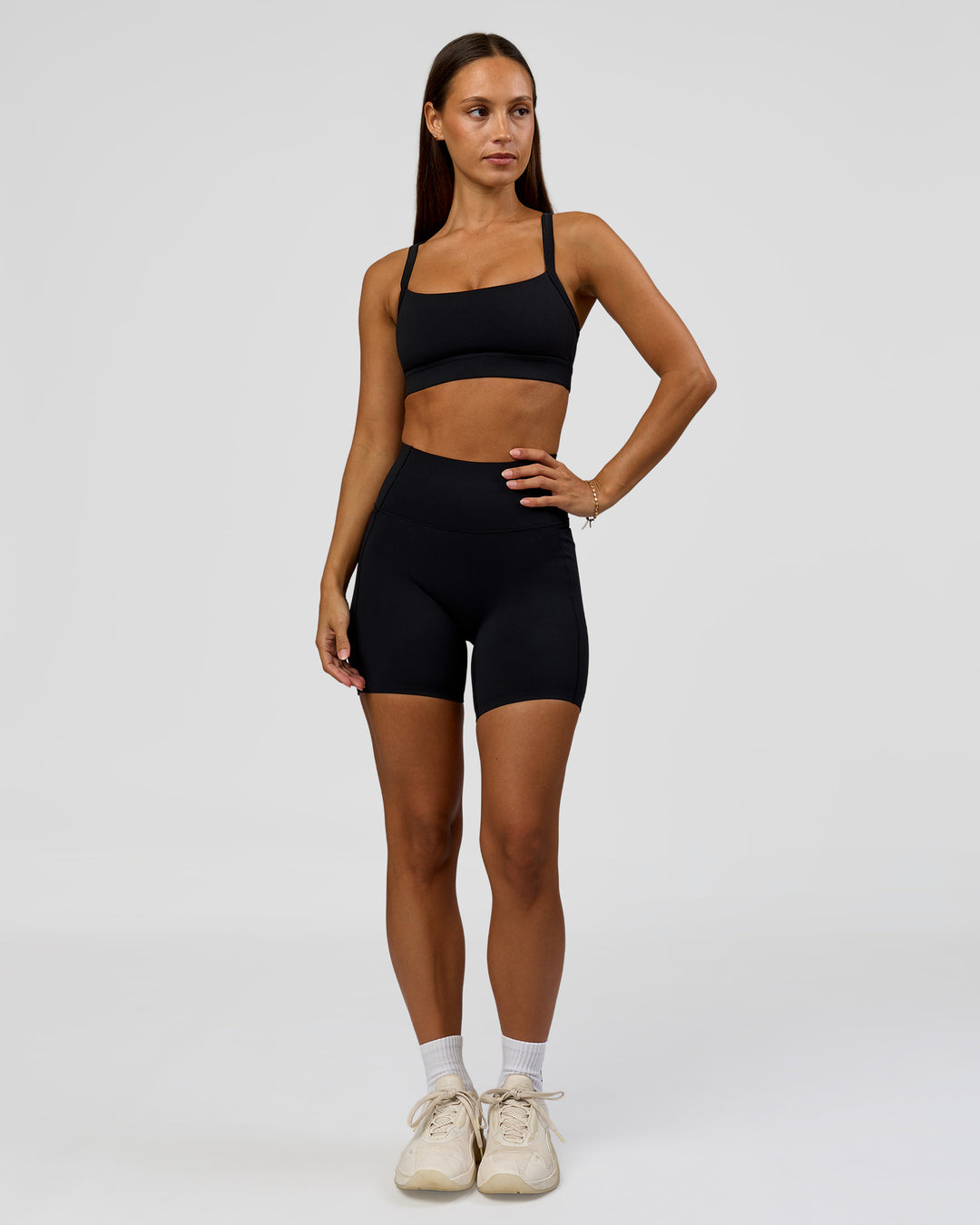 Woman wearing Fusion Bonded High-Rise 6" Short Pockets - Black | Model:Brylee | Size:XS - view 5
