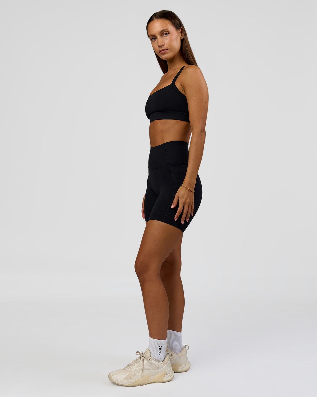 Woman wearing Fusion Bonded High-Rise 6" Short Pockets - Black | Model:Brylee | Size:XS - view 11