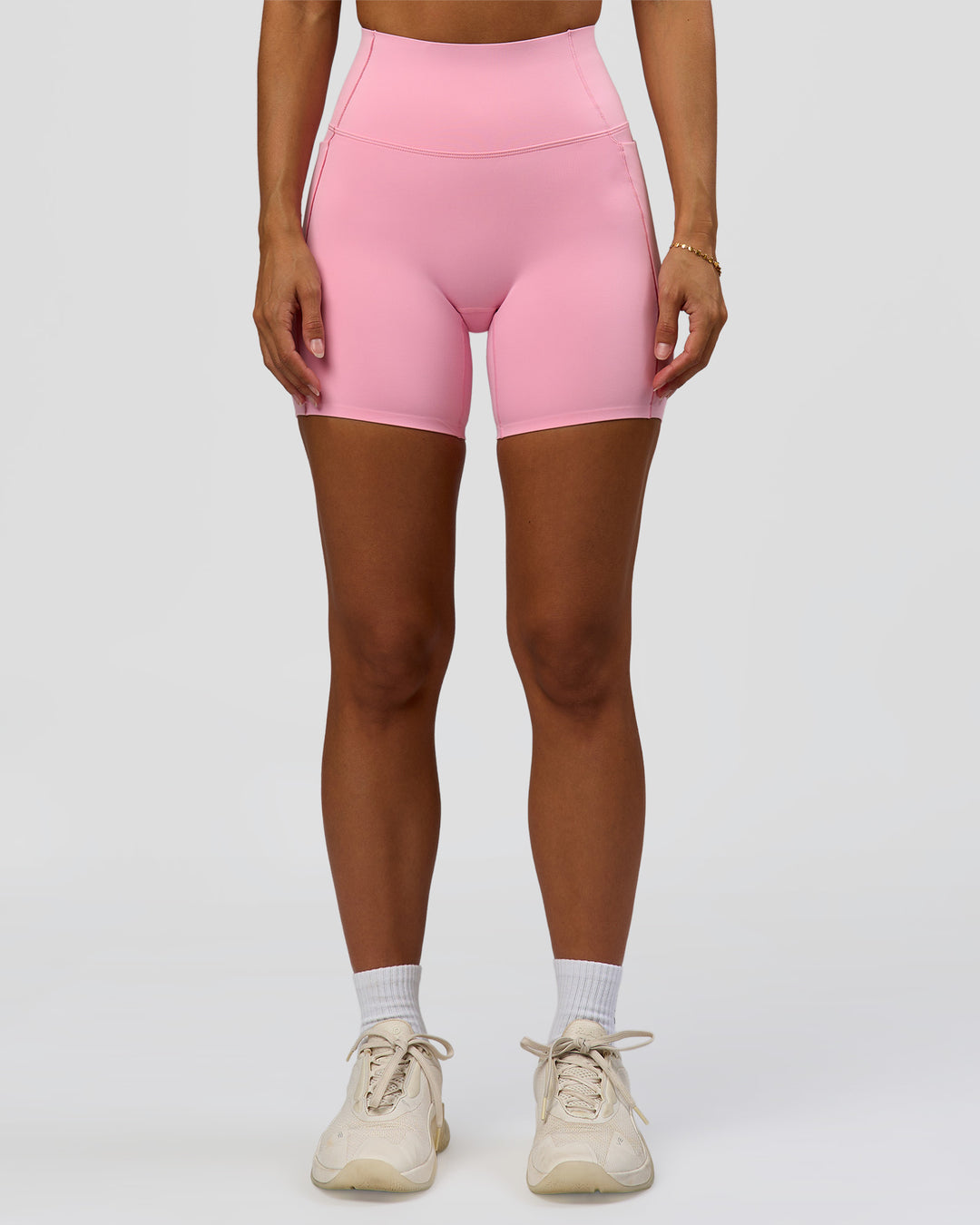 Woman wearing Fusion Bonded High-Rise 6" Short Pockets - Pink Rose | Model:Brylee | Size:XS - view 5