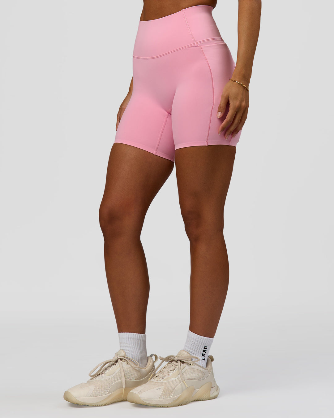 Woman wearing Fusion Bonded High-Rise 6" Short Pockets - Pink Rose | Model:Brylee | Size:XS - view 7