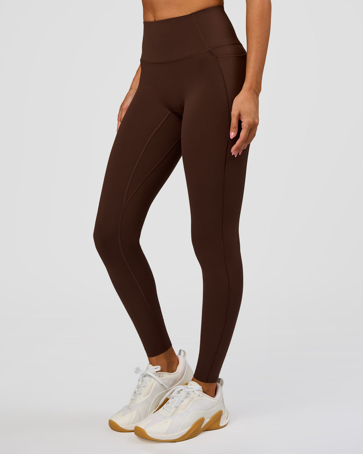 Woman wearing Fusion Bonded High-Rise Full Length Legging Pockets - Hot Chocolate | Model:Brylee | Size:XS