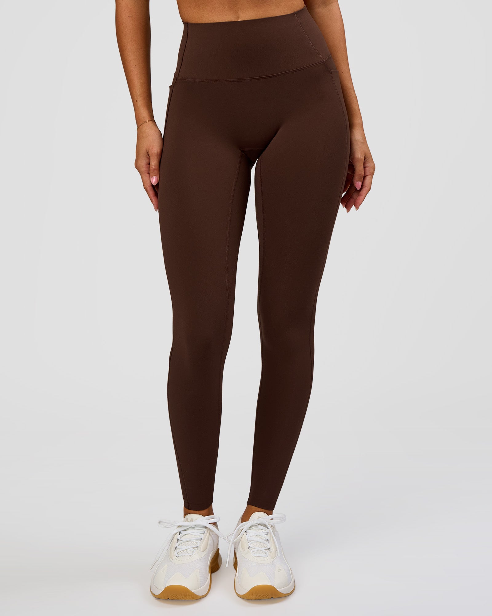 Woman wearing Fusion Bonded High-Rise Full Length Legging Pockets - Hot Chocolate | Model:Brylee | Size:XS