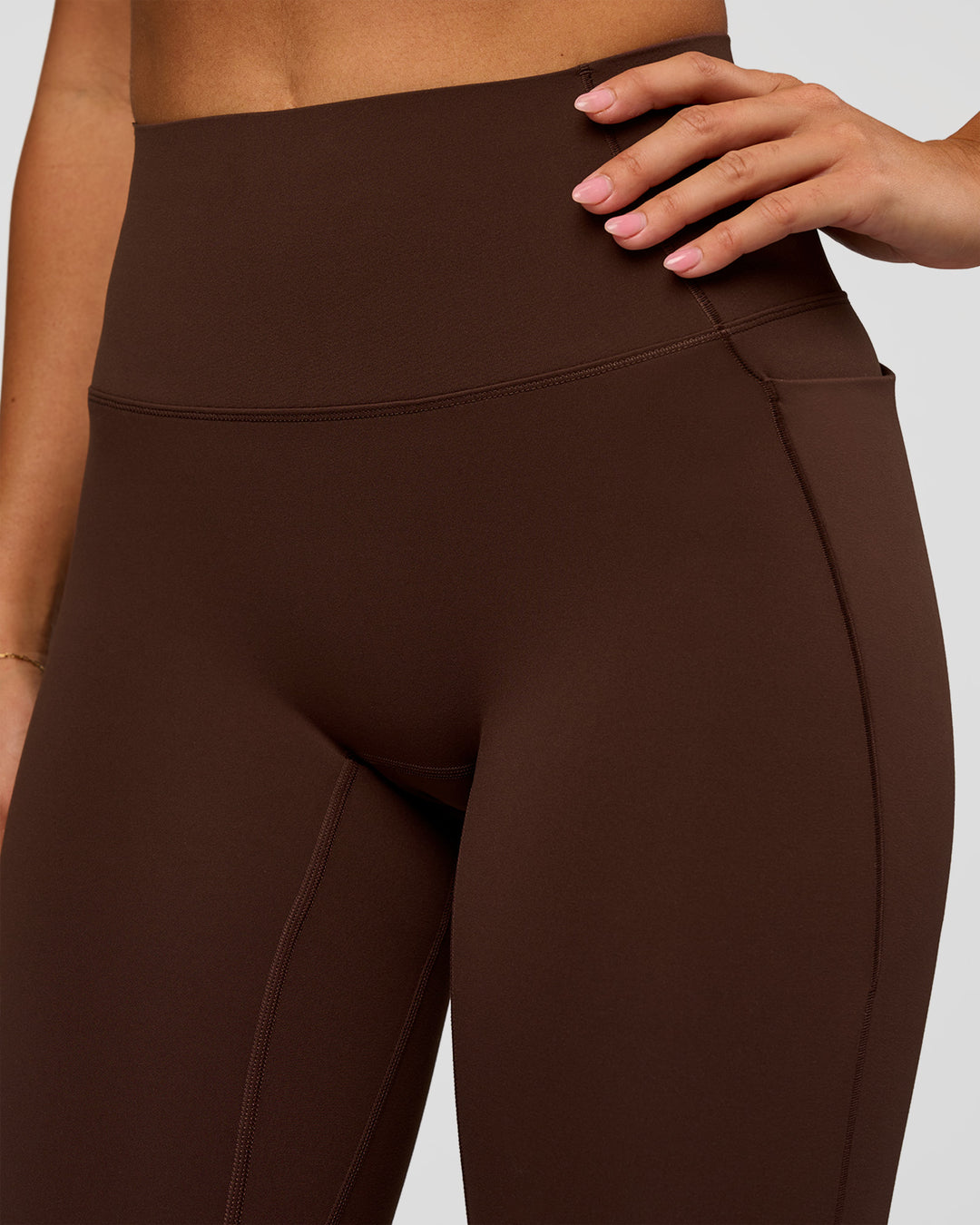 Woman wearing Fusion Bonded High-Rise Full Length Legging Pockets - Hot Chocolate | Model:Brylee | Size:XS - view 4