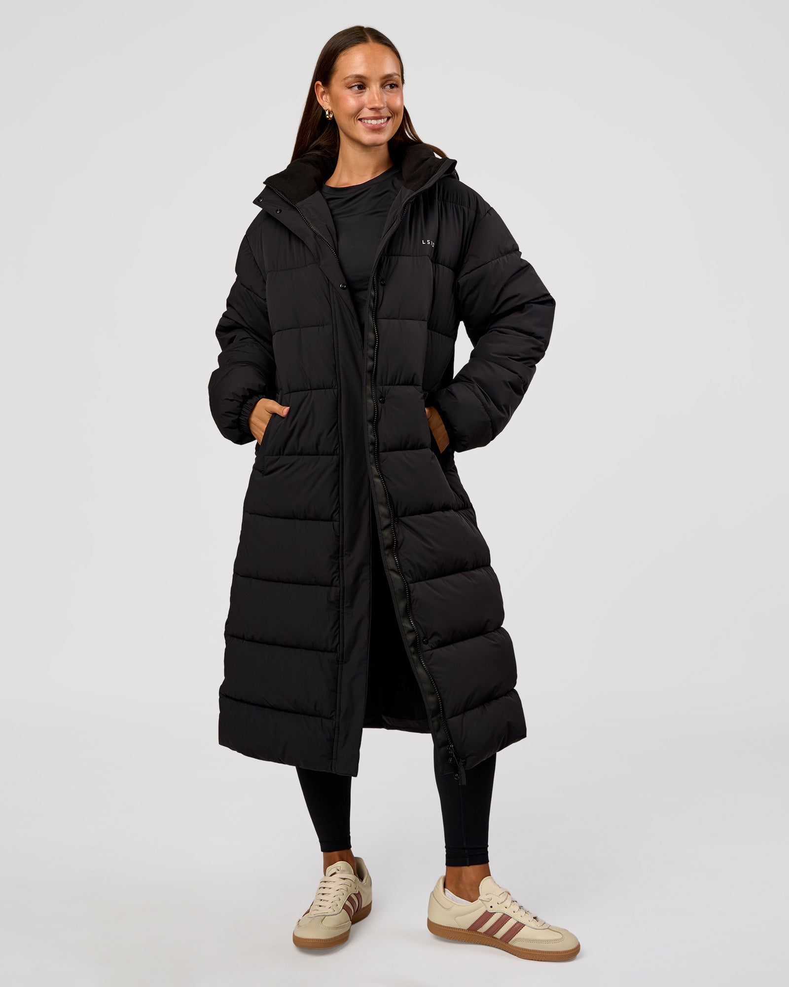 Woman wearing Go-To Puffer Long Jacket - Black | Model:Brylee | Size:XS