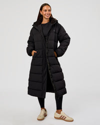 Woman wearing Go-To Puffer Long Jacket - Black | Model:Brylee | Size:XS | Thumbnail Index: 1