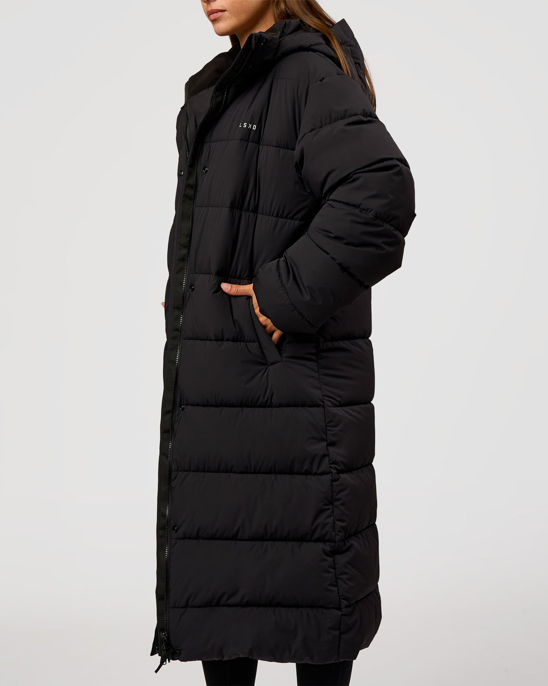 Woman wearing Go-To Puffer Long Jacket - Black | Model:Brylee | Size:XS - view 5