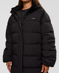 Woman wearing Go-To Puffer Long Jacket - Black | Model:Brylee | Size:XS | Thumbnail Index: 2