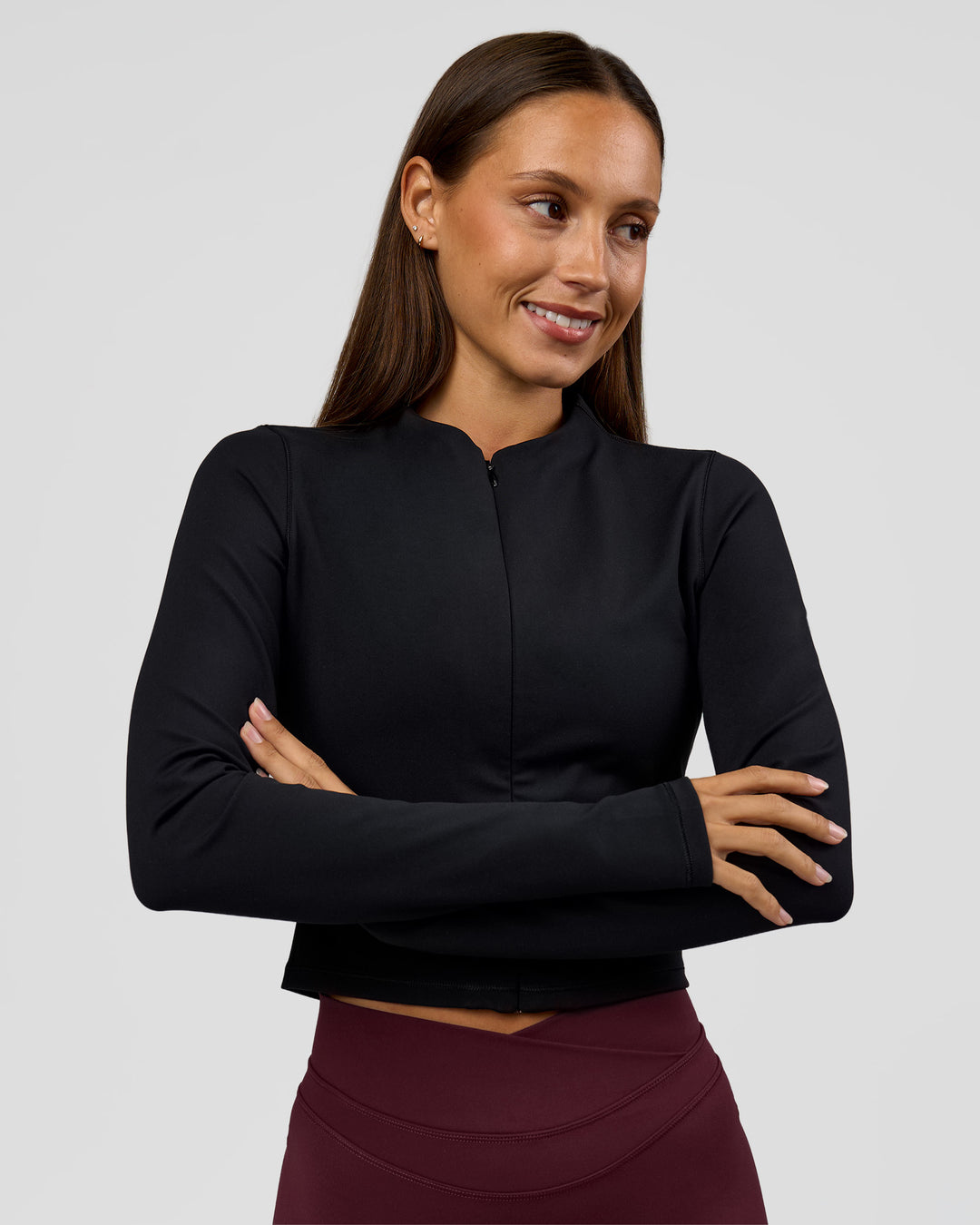 Woman wearing Sculpt Full Zip Long Sleeve Top - Black | Model:Brylee | Size:XS - view 3