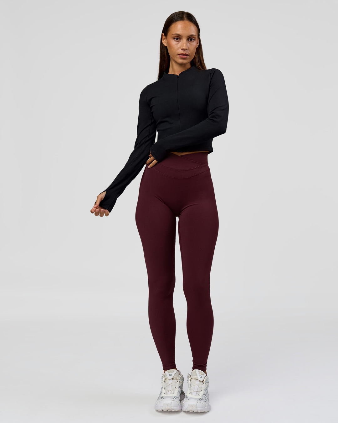 Woman wearing Sculpt Full Zip Long Sleeve Top - Black | Model:Brylee | Size:XS - view 6