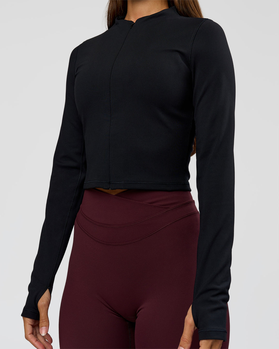 Woman wearing Sculpt Full Zip Long Sleeve Top - Black | Model:Brylee | Size:XS - view 7