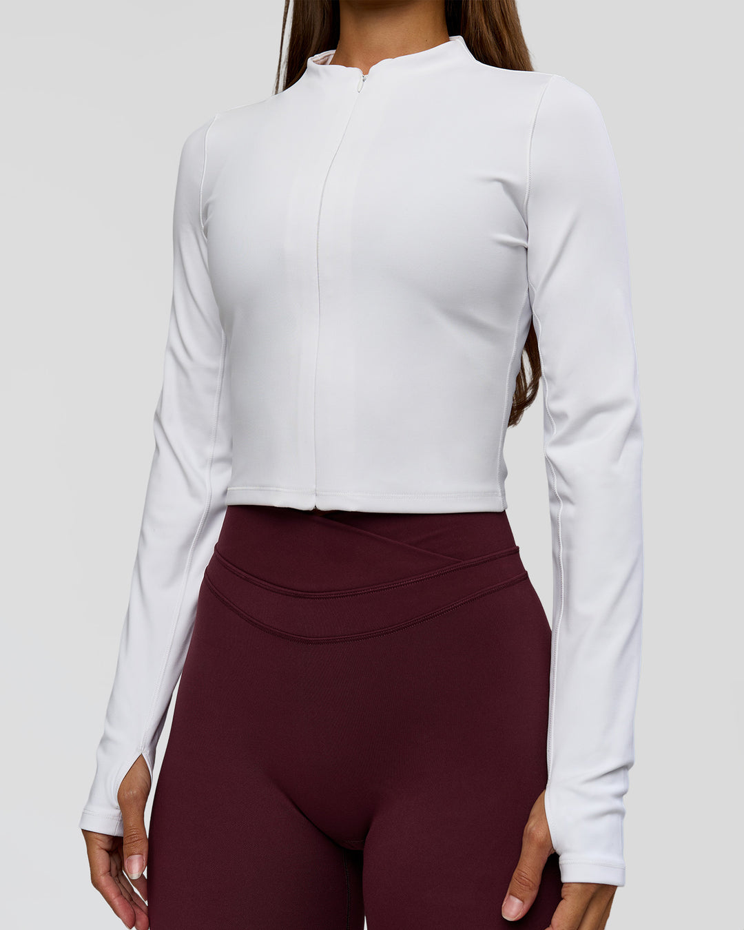 Woman wearing Sculpt Full Zip Long Sleeve Top - White | Model:Brylee | Size:XS - view 5