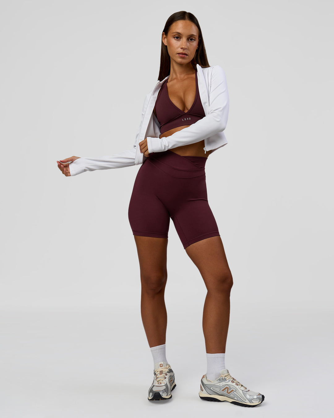 Woman wearing Sculpt Full Zip Long Sleeve Top - White | Model:Brylee | Size:XS - view 10