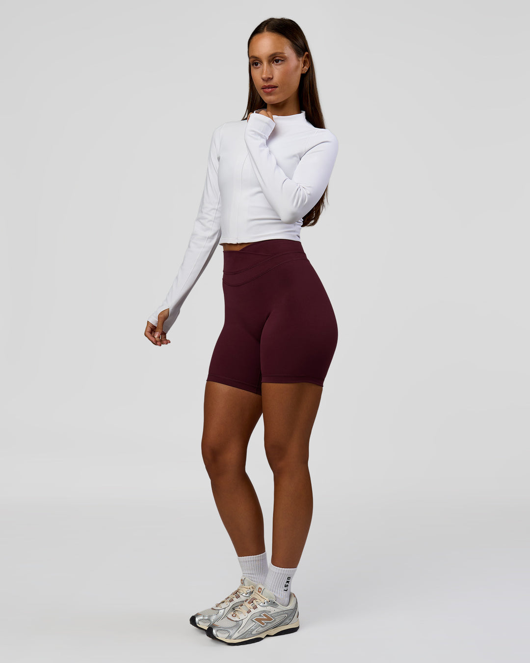 Woman wearing Sculpt Full Zip Long Sleeve Top - White | Model:Brylee | Size:XS - view 12