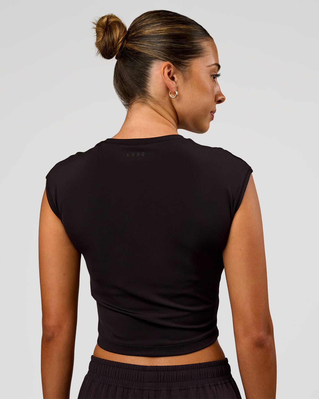 Woman wearing All Day Cropped Sleeve Top - Black | Model:Charli | Size:XS - view 3