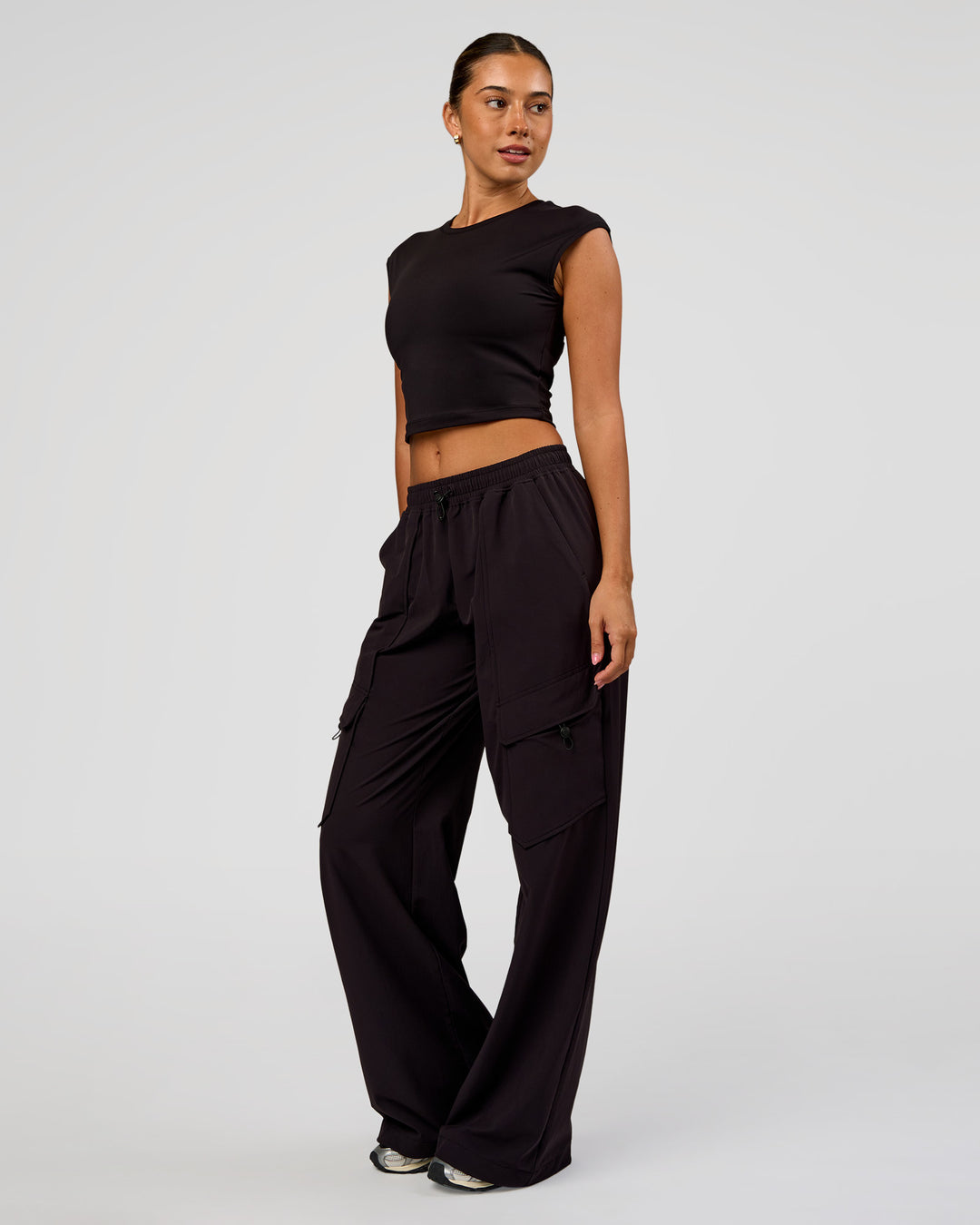 Woman wearing All Day Cropped Sleeve Top - Black | Model:Charli | Size:XS - view 4