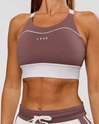 Woman wearing Elevated Accelerate Sports Bra - Cocoa Power-White | Model:Charli | Size:XS | Thumbnail Index: 0