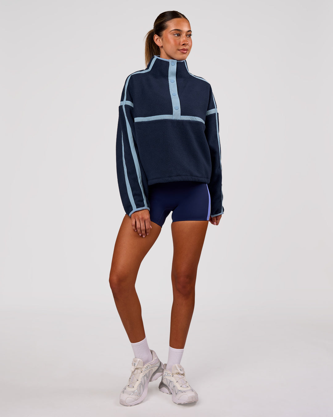 Woman wearing Expedition Pop Over - Future Navy-Open Air | Model:Charli | Size:XS - view 2