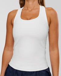 Woman wearing Flow Rep Scoop Neck Tank - White | Model:Charli | Size:XS | Thumbnail Index: 0