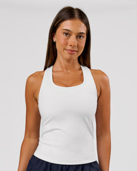 Woman wearing Flow Rep Scoop Neck Tank - White | Model:Charli | Size:XS | Thumbnail Index: 2