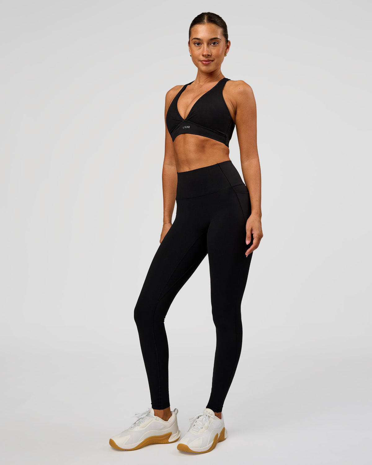Woman wearing Fusion Bonded High-Rise Full Length Legging Pockets - Black | Model:Charli | Size:XS