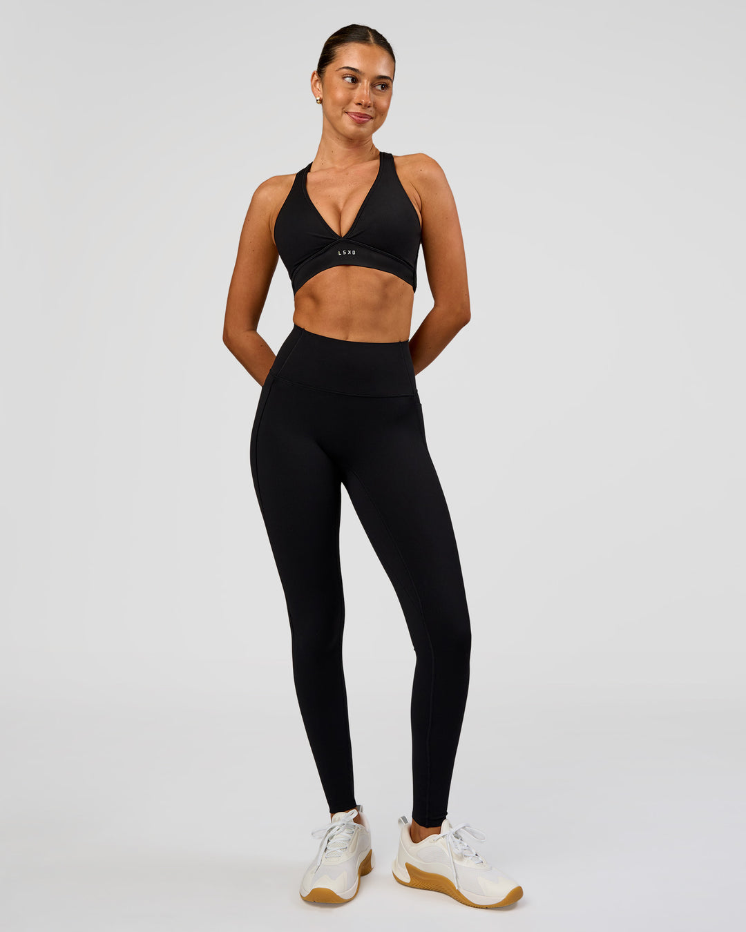 Woman wearing Fusion Bonded High-Rise Full Length Legging Pockets - Black | Model:Charli | Size:XS - view 4