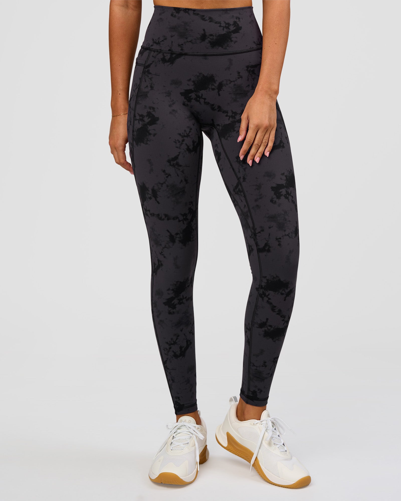 Woman wearing Fusion Ultra High-Rise Full Length Legging Pockets - Black Tie Dye | Model:Charli | Size:XS