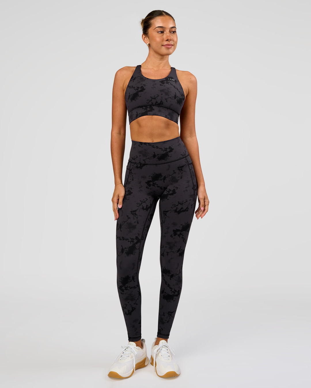 Woman wearing Fusion Ultra High-Rise Full Length Legging Pockets - Black Tie Dye | Model:Charli | Size:XS - view 4