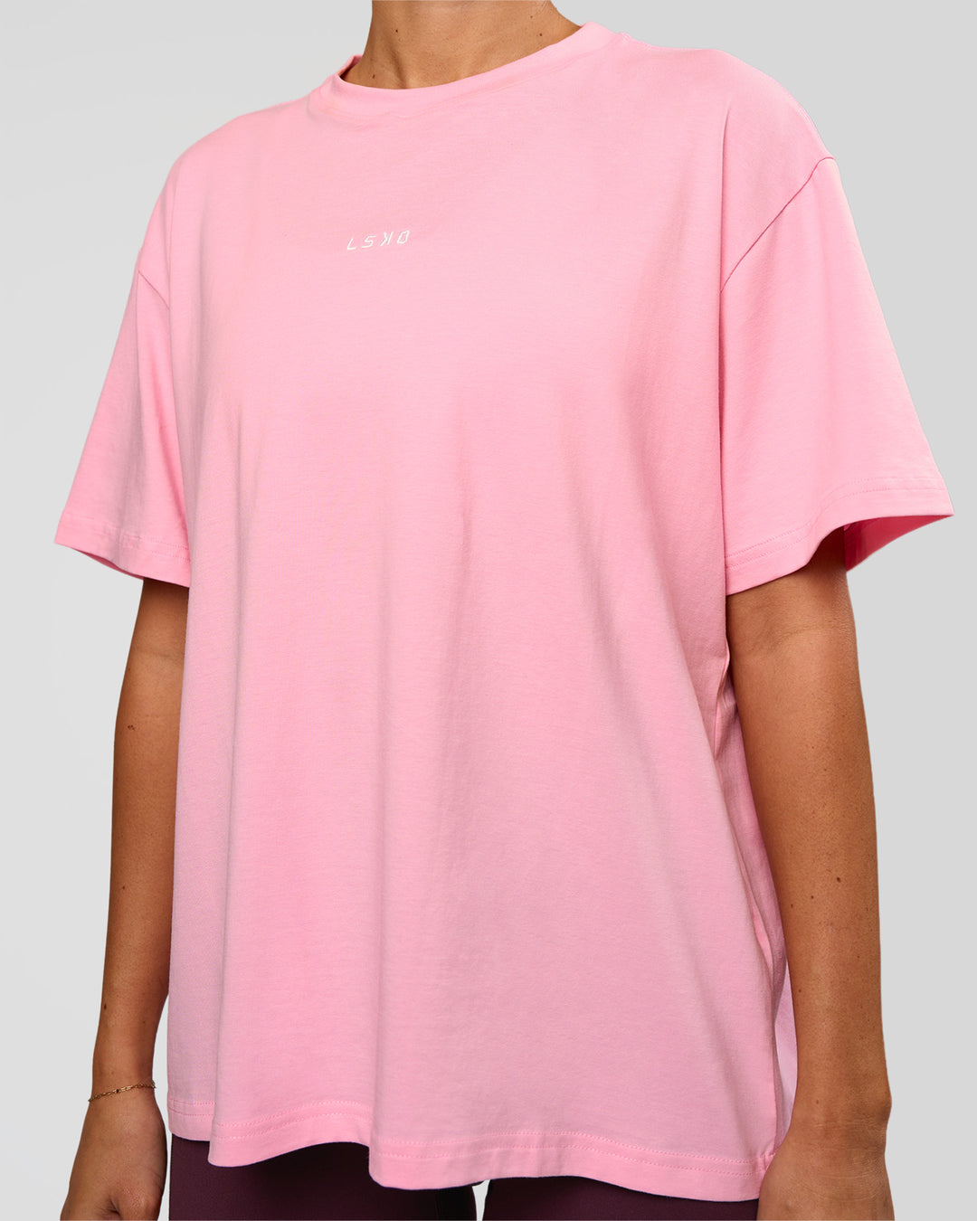 Woman wearing Go-To FLXCotton Oversized Tee - Pink Rose-White | Model:Charli | Size:XS - view 5