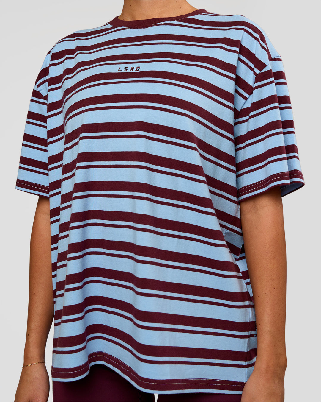 Woman wearing Go-To Shadow Stripe FLXCotton Oversized Tee - Open Air-Cherry Lacquer | Model:Charli | Size:XS - view 2