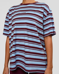 Woman wearing Go-To Shadow Stripe FLXCotton Oversized Tee - Open Air-Cherry Lacquer | Model:Charli | Size:XS | Thumbnail Index: 1