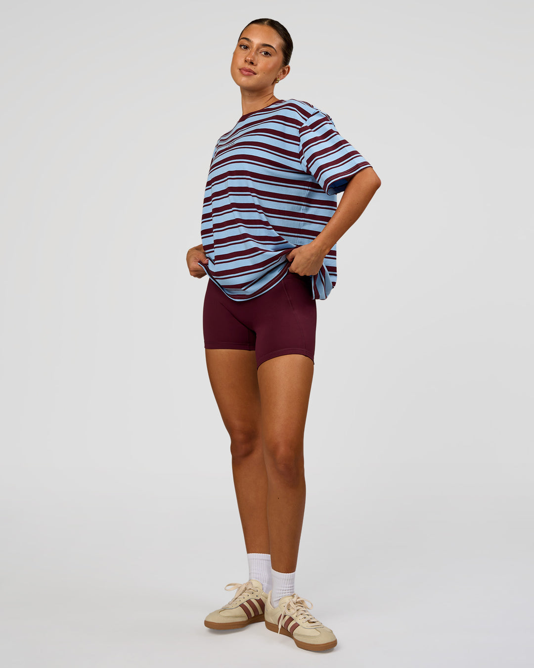 Woman wearing Go-To Shadow Stripe FLXCotton Oversized Tee - Open Air-Cherry Lacquer | Model:Charli | Size:XS - view 4