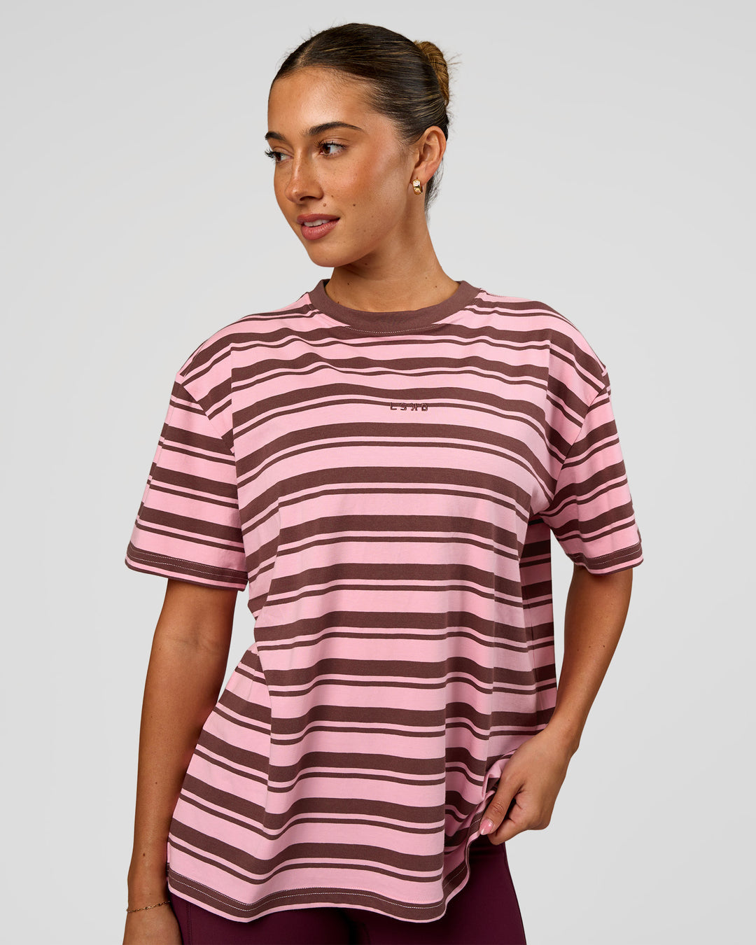 Woman wearing Go-To Shadow Stripe FLXCotton Oversized Tee - Pink Rose-Cocoa Powder | Model:Charli | Size:XS - view 1