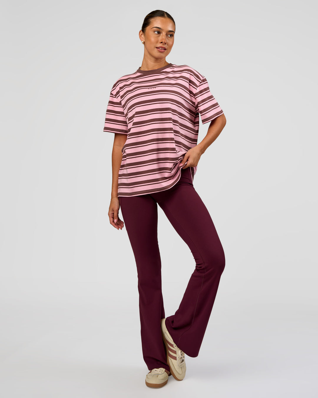 Woman wearing Go-To Shadow Stripe FLXCotton Oversized Tee - Pink Rose-Cocoa Powder | Model:Charli | Size:XS - view 3