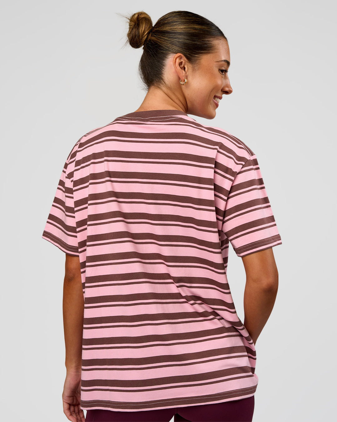 Woman wearing Go-To Shadow Stripe FLXCotton Oversized Tee - Pink Rose-Cocoa Powder | Model:Charli | Size:XS - view 4